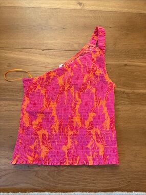 Olivaceous Pink & Orange Smocked One-Shoulder Top